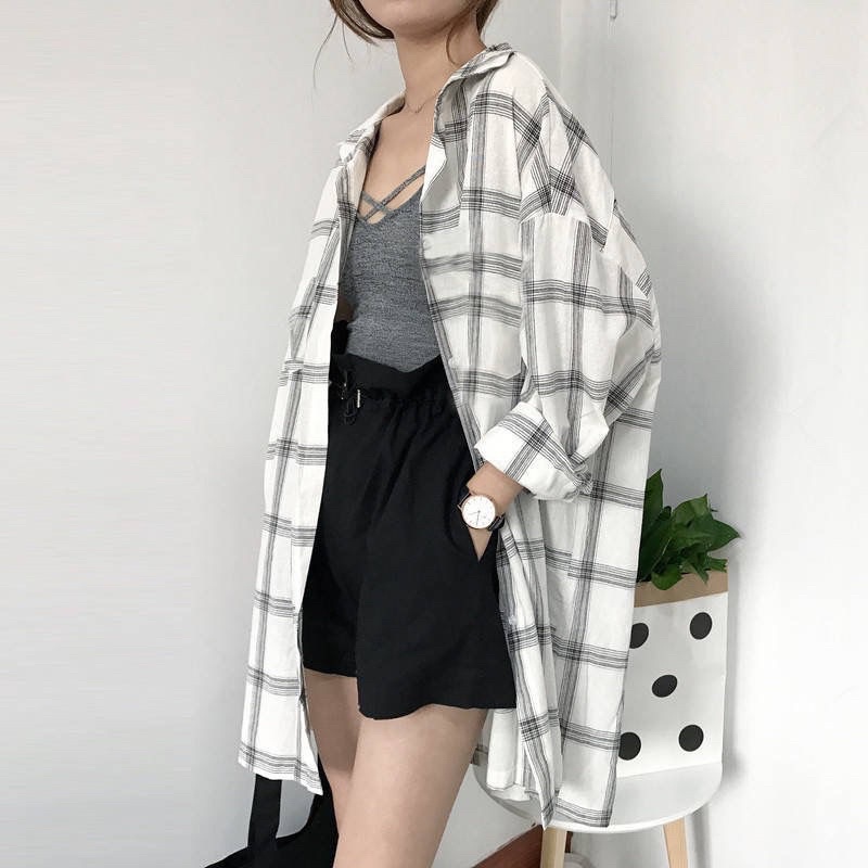 RD FASHION Kemeja Chelsea( LD110 pj 70cm) kotak-kotak lengan panjang Atasan longgar model Korea Flanel