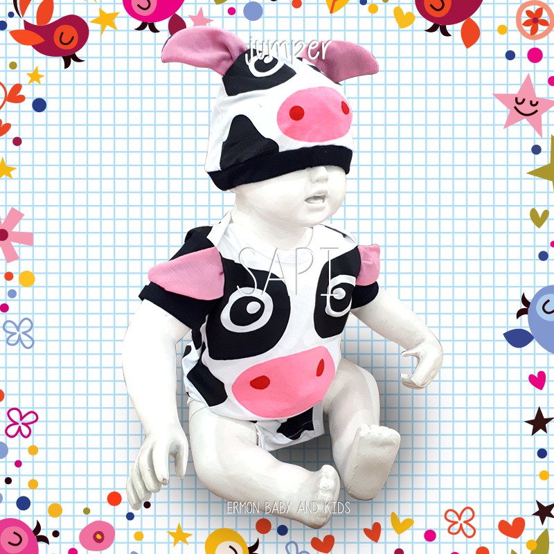 Ermon Baby - Jumper Bayi Laki Laki Perempuan Jumper Baby Cowok Cewek Lucu Karakter Sapi + Topi Usia 0 - 12 Bulan