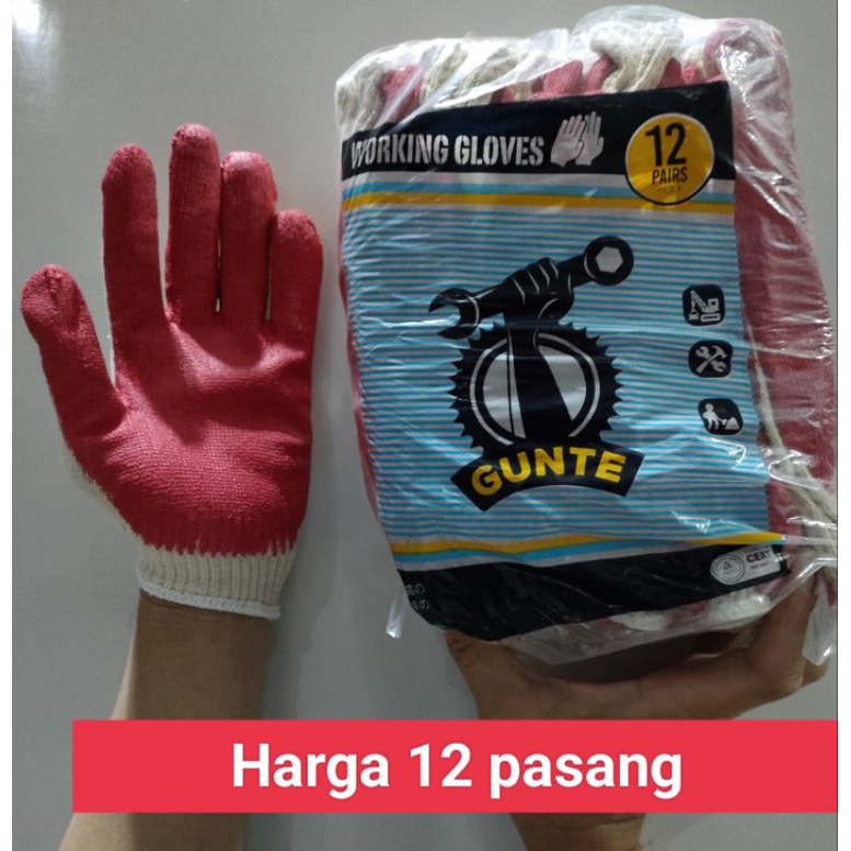 Sarung Tangan Kerja Safety Industri Benang Kain Dipping Karet Antislip Gunte 1 lusin