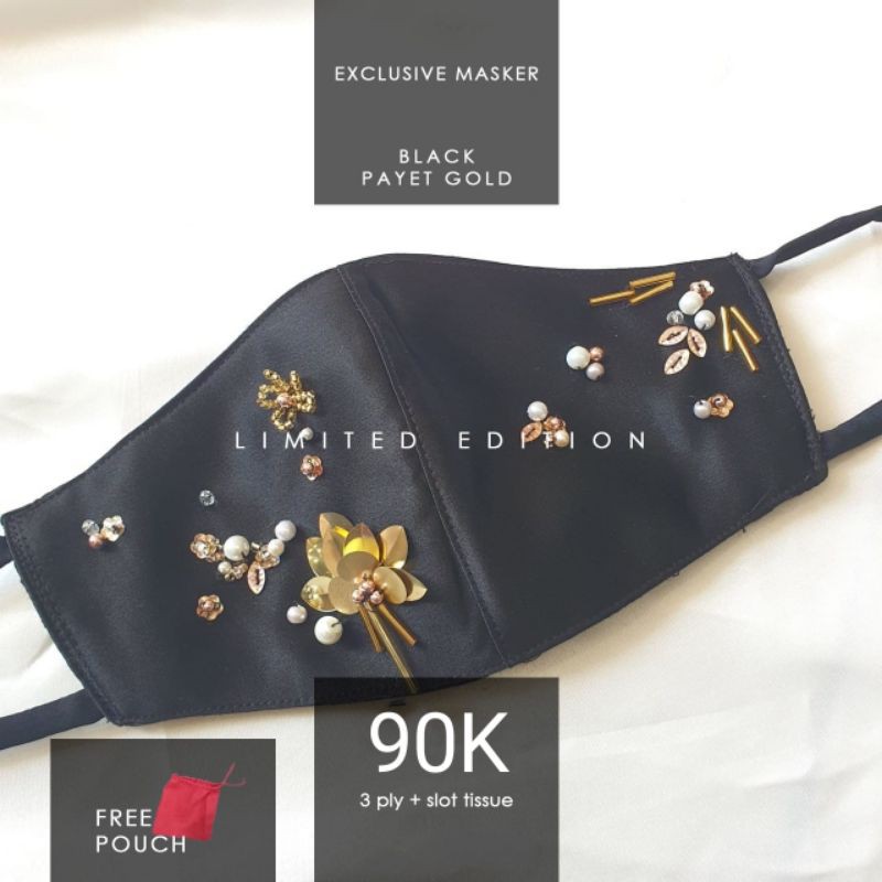 BLACK PAYET GOLD.. Masker Kain Brokat Premium 3ply+slot tissue..Masker Fashion/Pesta/Wedding