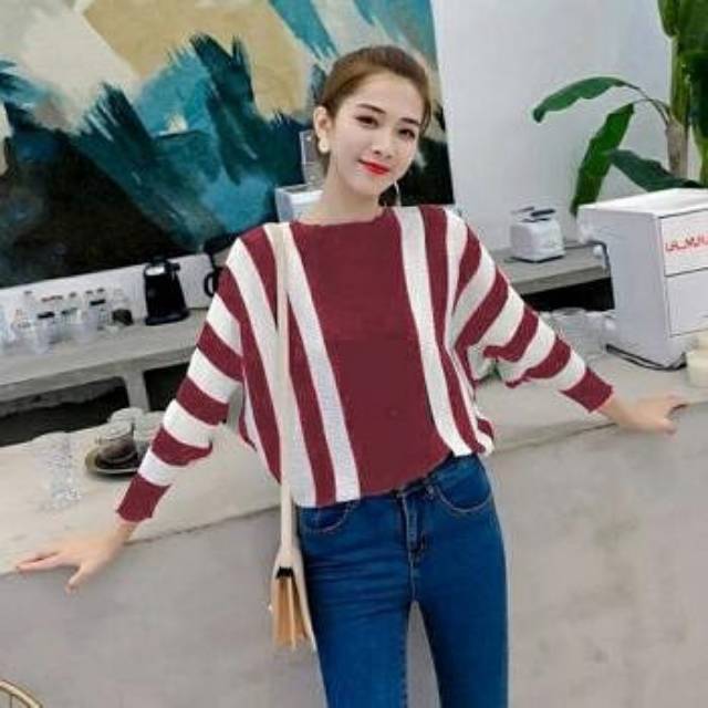 BATWING STRIPE GIL / BLOUSE RAJUT MASA KINI / BAJU RAJUTAN GARIS