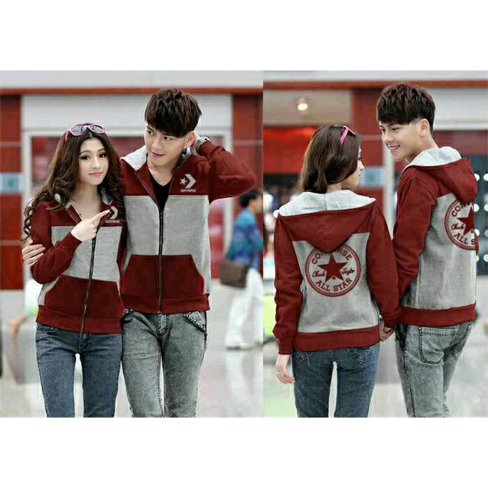 Promo Couple Jaket Hoodie Converse Allstar Tone Maroon Abu Maroon Murah
