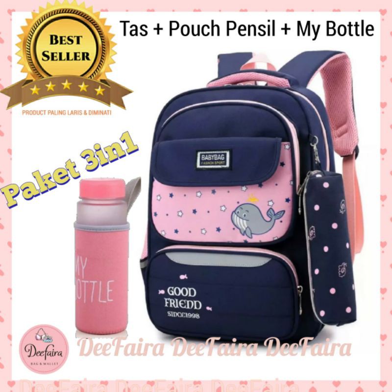 Tas Sekolah Anak Perempuan Tas Wanita Set Botol Minum dan Tempat Pensil