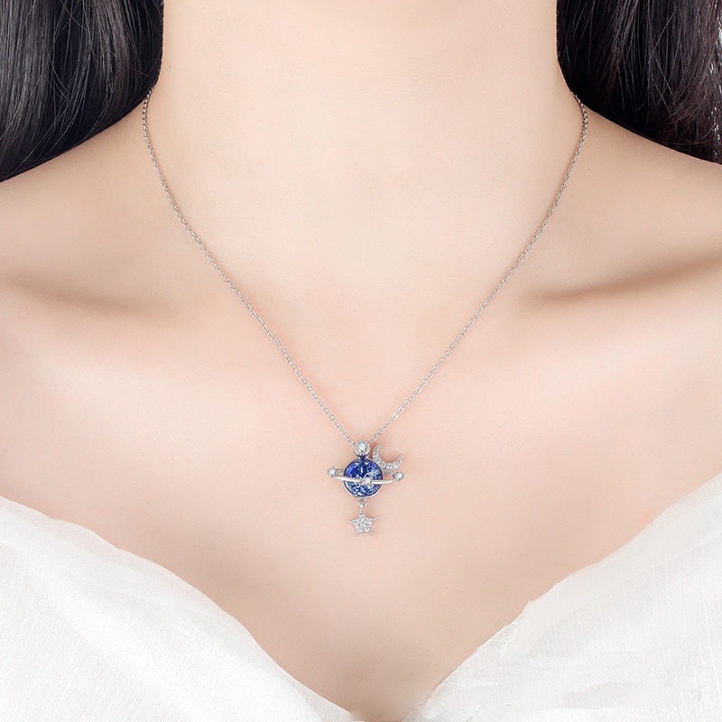 Kalung Rantai Sterling silver 925 Dengan Liontin Bintang / Bulan / planet Hias zircon Untuk Wanita