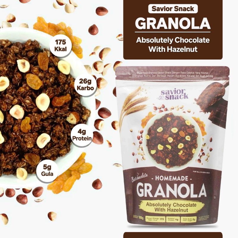 GRANOLA ABSOLUTELY CHOCOLATE WITH HAZELNUT 300g - CEMILAN MAKANAN SEHAT SARAPAN BERGIZI TINGGI NUTRISI BAHAN ORGANIK ALAMI TANPA PENGAWET - HIGH QUALITY - SAVIOR SNACK - GRANOLA BEST CHOCOLATE