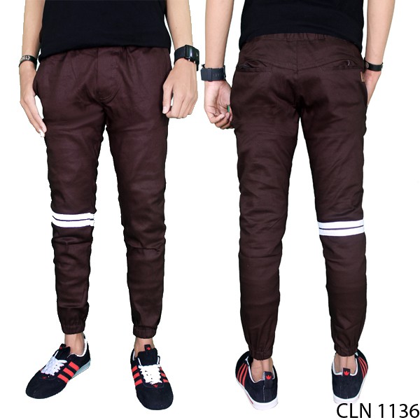 Celana Jogger Strip Panjang Stretch Coklat Tua – CLN 1136