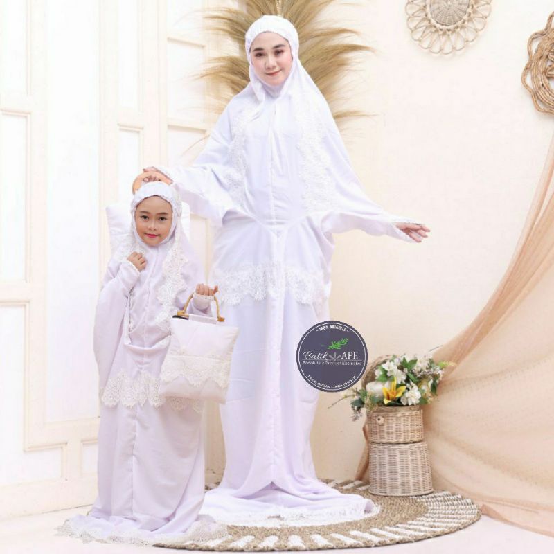 COUPLE MUKENA RENDA WARNA LAJUR TERUSAN IBU DAN ANAK BAHAN PUTIH ADEM KATUN POLINO PREMIUM SYARI