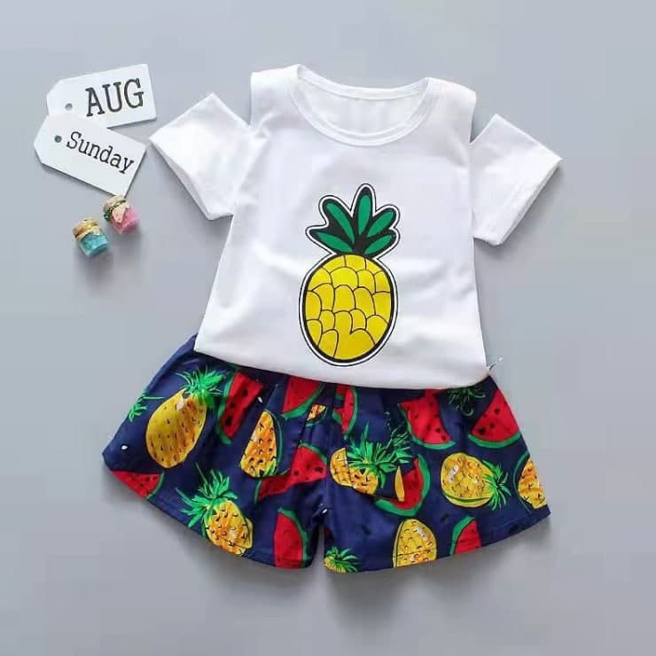 Promo !! Setelan anak perempuan import / Setelan one pineapple and fruits ukuran 6 bulan - 2 tahun