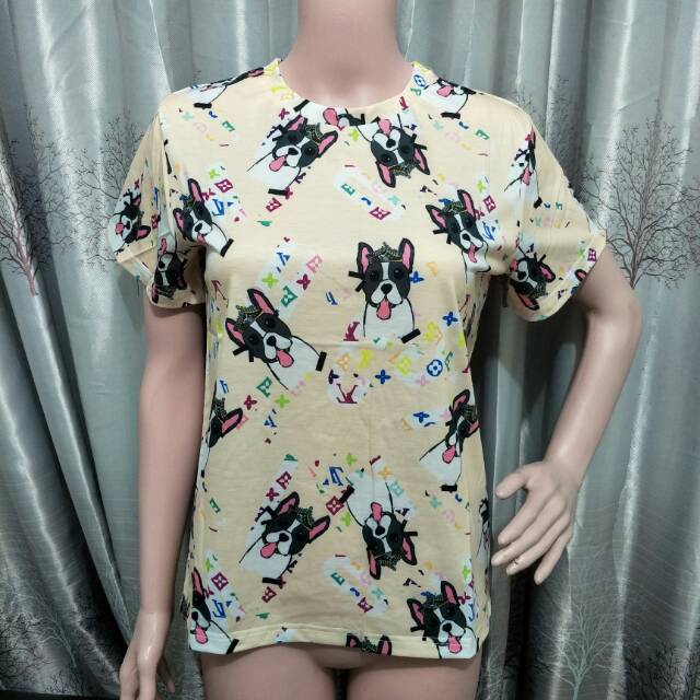 LV Dog Print Tee Kaos T-Shirt Cewek Fashion Wanita Santai Murah Louis Vuitton Casual Katun Adem