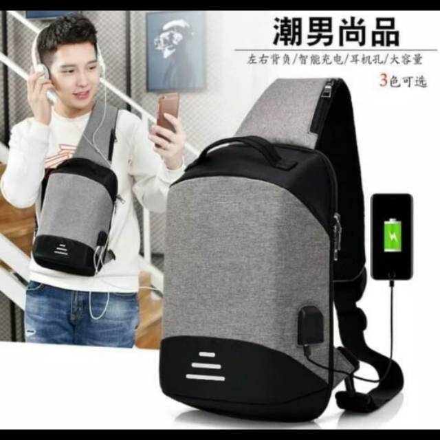 Tas selempang pria anti maling new ver anti air dan maling + USB
