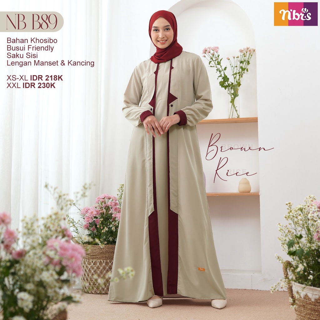 Nibras NB B89 Gamis Polos Combinasi Dua Warna Bahan Khosibo Dress Simple Model Terbaru