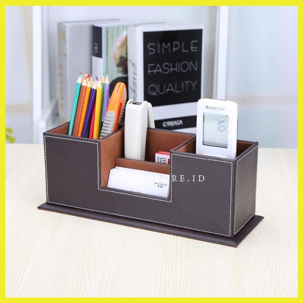 Kotak Penyimpanan Meja Kulit, Tempat Pensil, Dudukan Remote Control Kartu Nama, Rak Penyimpanan Alat Tulis Kantor