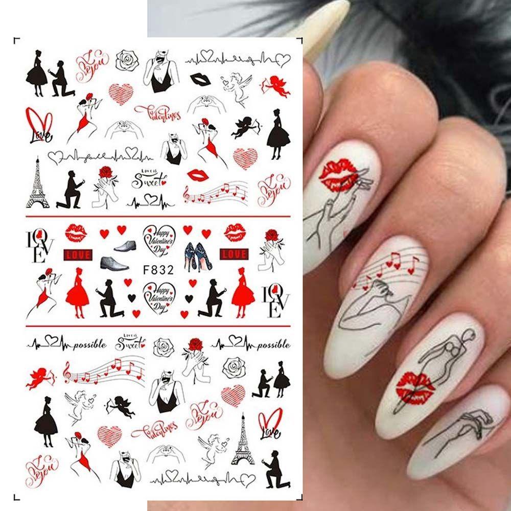 AUGUSTINA Agustina Valentine Day Nail Art Love Heart Romantic Valentine Day Rose2022Tahun Baru Bibir Merah DIY Dekorasi Nail Art