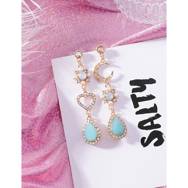 LRC Anting Tusuk Fashion Gold 925 Silver Needle Opal Moon Love Drops Asymmetric Stud Earrings F48223