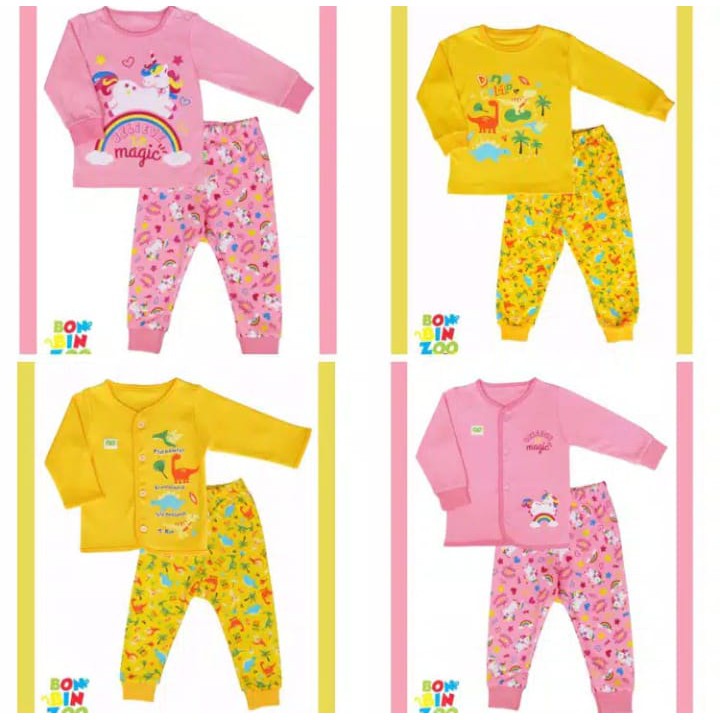 Bonbinzoo Setelan piyama anak panjang mix POLOS MOTIF SNI 0-12 Bulan setelan baju anak / baju bayi