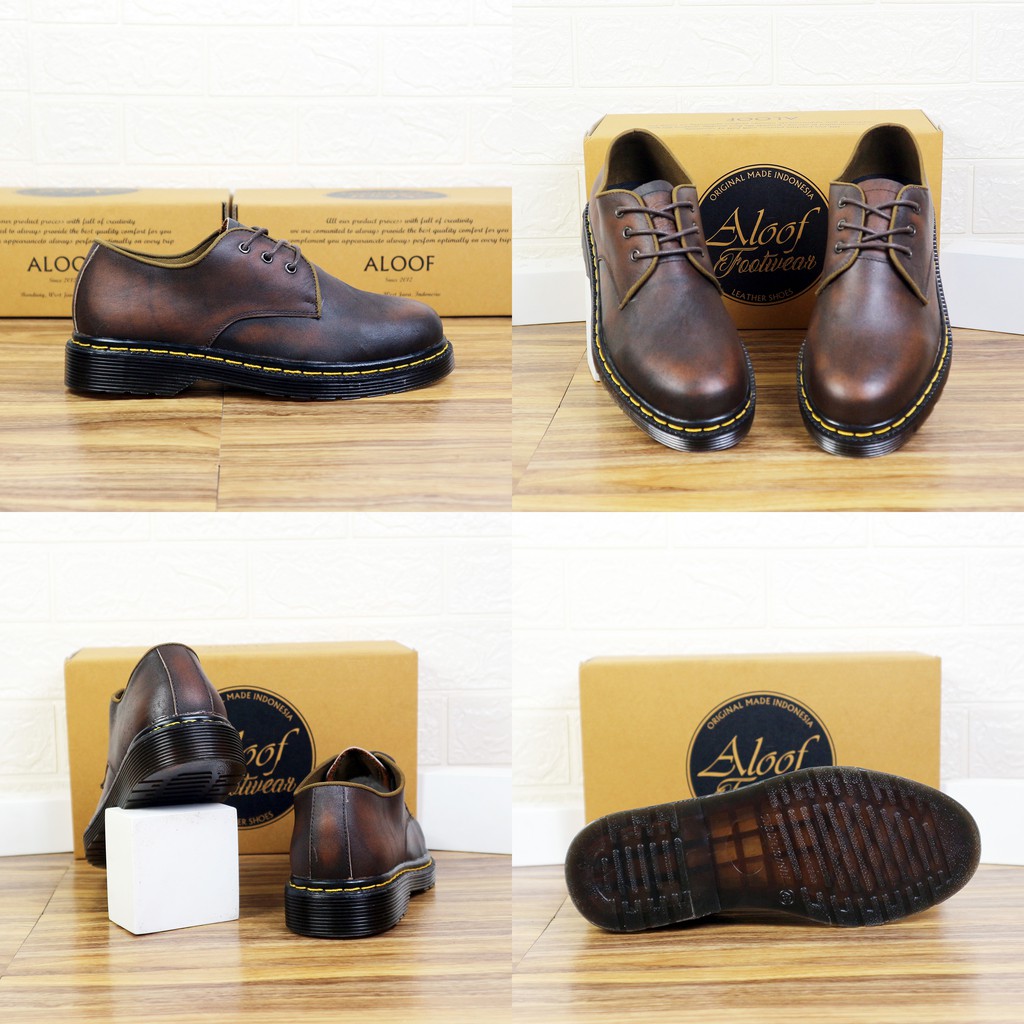 37-45 Aloof Delow - Sepatu Formal Unisex Kulit Asli Model Docmart 3 Hole Pria Wanita-Coklat Brush Off