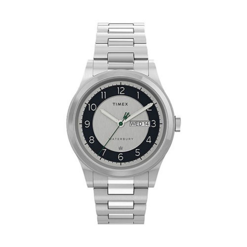 TIMEX WATERBURY TRADITIONAL DAY DATE SILVER BRACELET GARANSI RESMI ORIGINAL TW2U99300