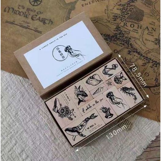 Wooden Rubber Stamp Lonely Whale - Stempel Pola Hewan Laut (12pcs)