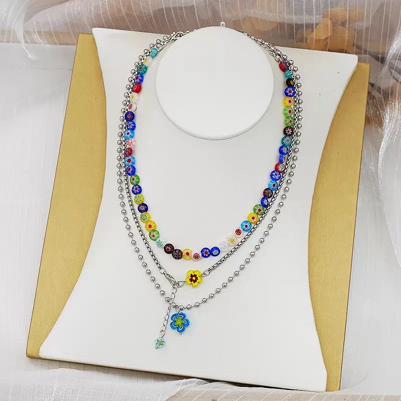 3PCS/Set Colorful Glass Beaded Flower Stacking Necklace Hip Hop Clavicle Chain