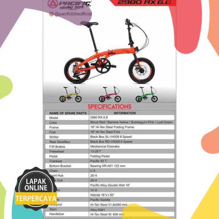 Original Sepeda Lipat 16 2980 Rx 6.8 Db Pacific - Merah Barang Original