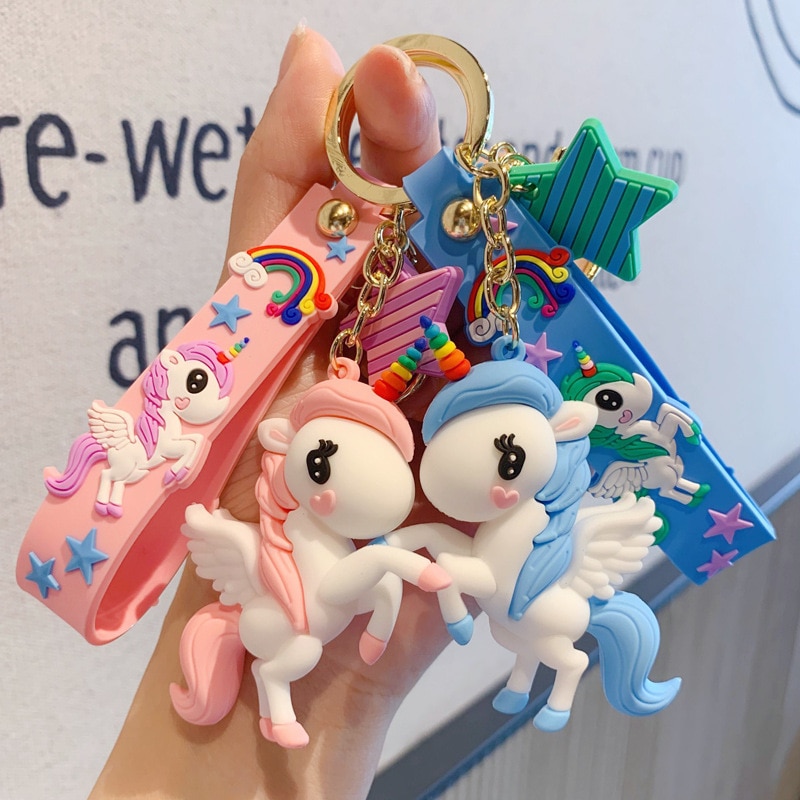 Fashion Lucu Pony Unicorn Anime Rainbow PVC Animal Unicorn Gantungan Kunci Untuk Pria Wanita Tas Ornamen Gadis Keyring