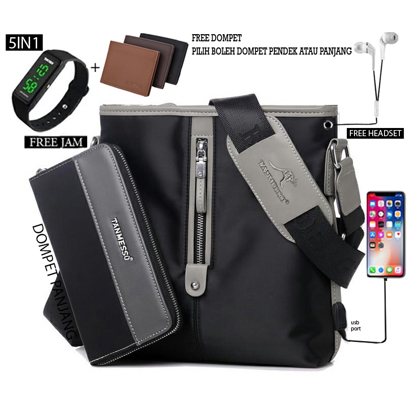 TANMESSO 4IN1 BAYAR DITEMPAT-BONUS JAM LED,DOMPET &amp;HEADSET TAS SELEMPANG PRIA