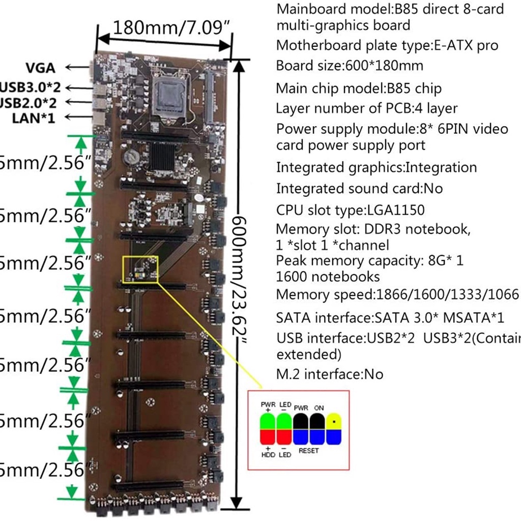 Btc-b85 motherboard Kartu Grafik 8 Slot 65mm Dengan cpu