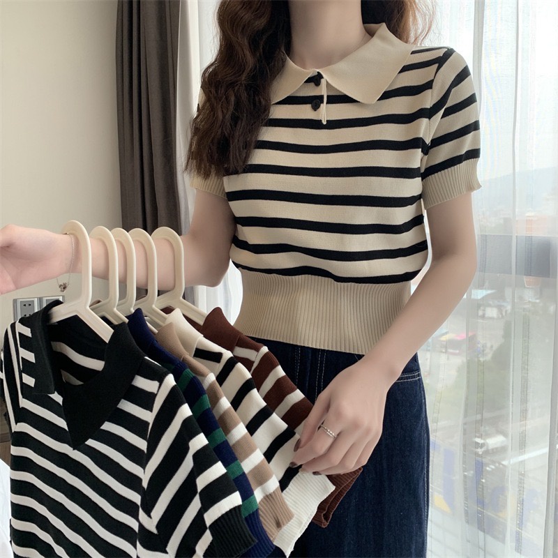 IRENE atasan polo korea rajut garis striped retro casual