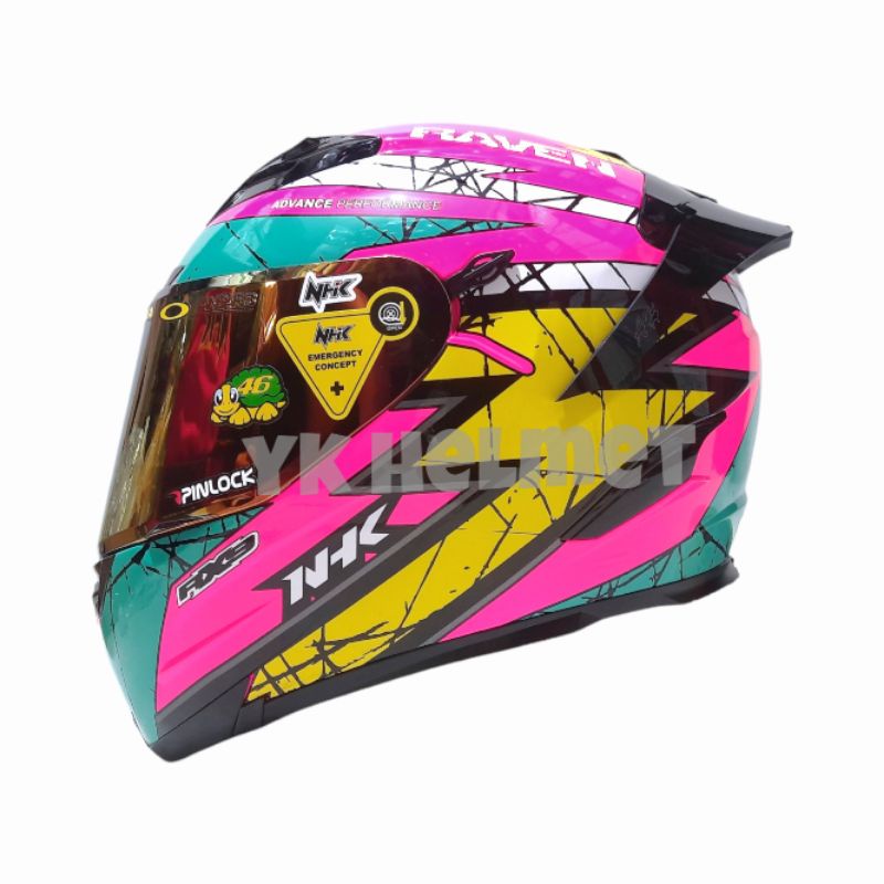 Paket ganteng Helm NHK RX9 Raven || pink yellow fluo flat visor iridium