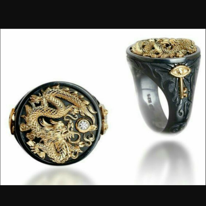 Cincin Desain Naga Mythical Warna Hitam Emas Gaya Hip Hop Punk Untuk Pria