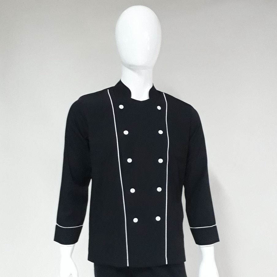 Chef Wear Baju Koki LS Hitam (piping putih)