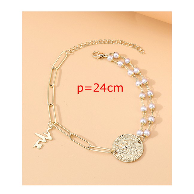 LRC Gelang Tangan Fashion Golden Round Head Portrait Pearl Stitching Y64449