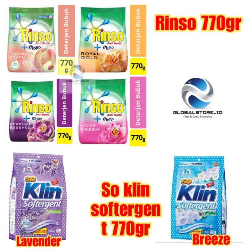 Rinso detergent bubuk royal gold/ japanese peach / rose fresh 770gr / rinso classic 770gr/ so klin softener purple 770/800gr / varian daia 800gr