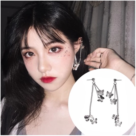 Anting Stud Kait Rantai Menjuntai Hias Liontin Kupu-Kupu Kristal Gaya Vintage Untuk Wanita