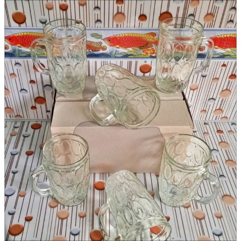 GELAS KACA KEDAUNG / GELAS GAGANG BESAR / GELAS JEMPOL MOTIF / ISI 6 PCS WARNA PUTIH BENING.