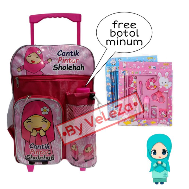 Tas ransel troli anak karakter muslimah gratis paket pinsil jam tangan botol minum - tas anak - tas troli