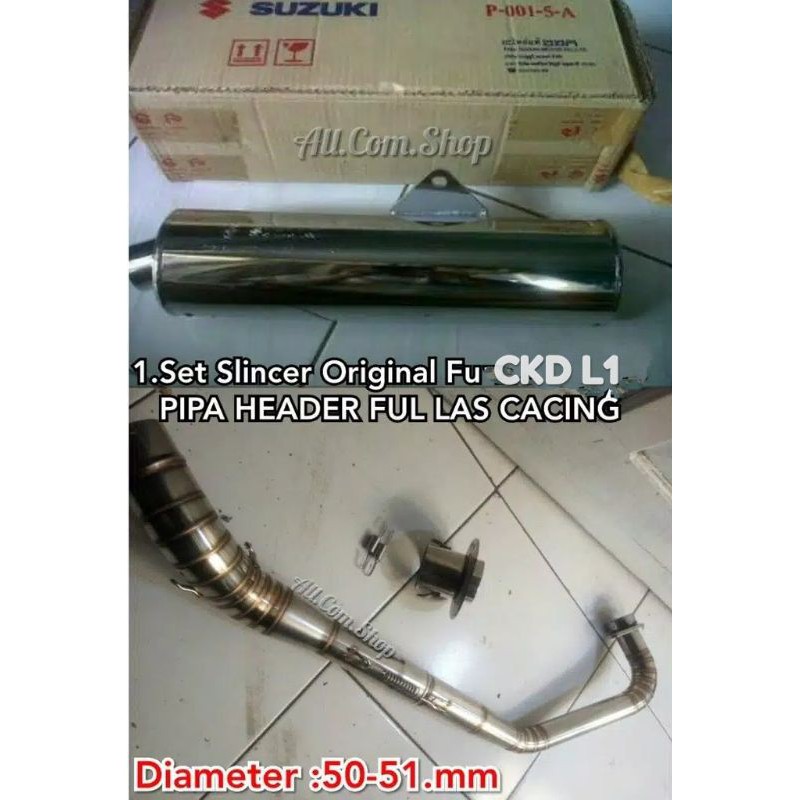 Knalpot Original Suzuki Satria Fu CBU ORIGINAL + Leher / Pipa Header Full las Cacing + Adaptor pnp