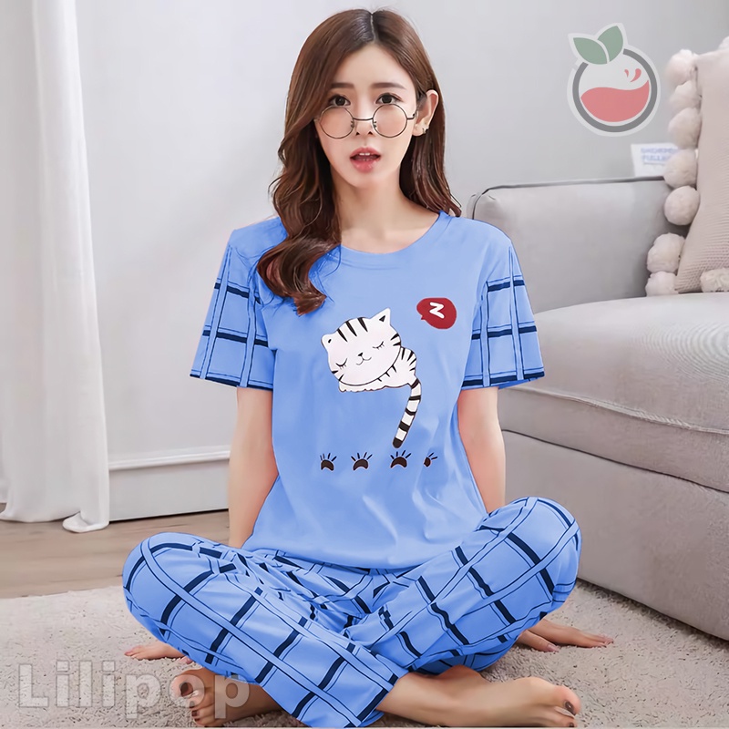 Lilipop.id  Baju Tidur Wanita CP Sleep Cat Setelan Piyama BabyDoll Kaos Celana Panjang