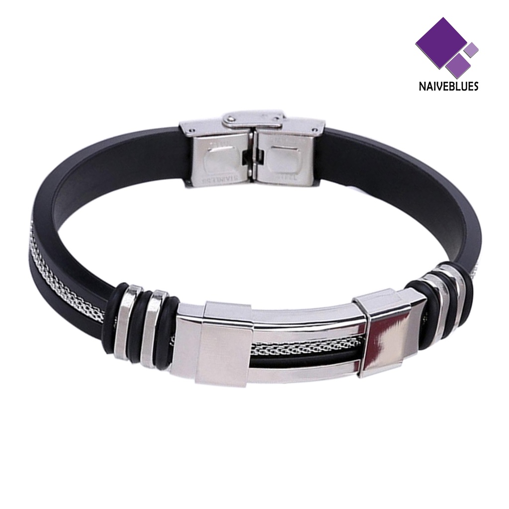 Naiveblue &gt; Gelang Bangle Kawat Stainless Steel + Silikon Lebar Untuk Wanita