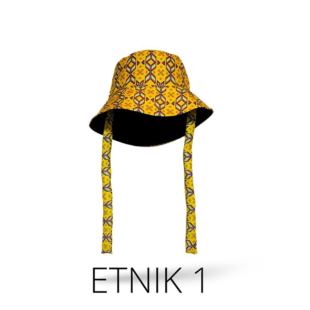 Topi Wide Bucket Hat Tali Motif Etnik Fashion Korean Style Wanita Pria Pantai Outdoor Selebgram