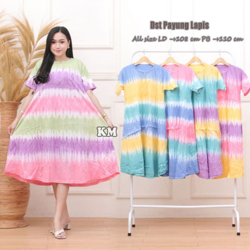 Daster Payung Jumbo Lengan Pendek Bahan Kaos Model Tiedye Busui Resleting Depan Dress Kekinian Terbaru Termurah