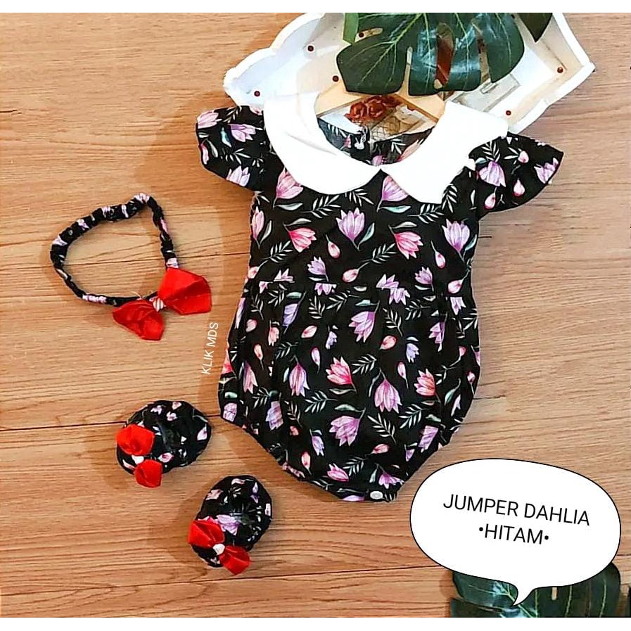 Jumper Bayi Perempuan  0-9 Bulan / Baju Anak Cewek Motif Dahlia Free Sepatu Dan Headband