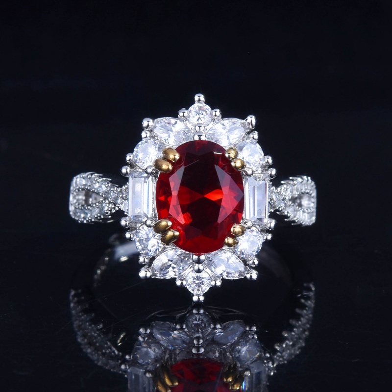 Fancyqube Cincin Sterling Silver 925 Model Terbuka Dengan Batu Zircon Oval Merah Vintage Untuk Wanita