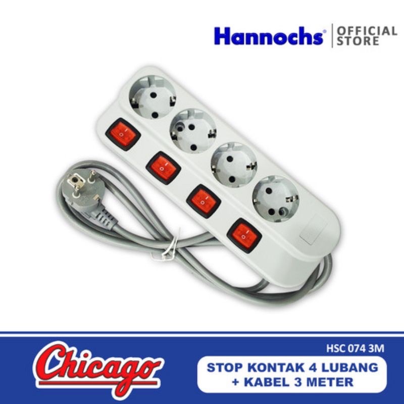 Stop Kontak3 Lubang &amp; 4 Lubang + Saklar Lampu 3 Meter Chicago Hannochs