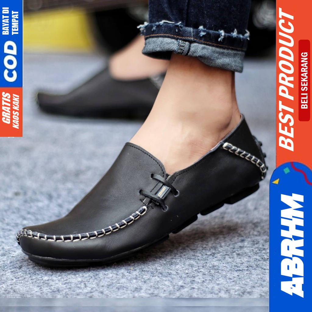 ABRHM x MOCLEA Sepatu Kasual Pria Sepatu Pria Casual Kulit Asli Slip Sepatu Kerja Original Keren Sepatu Slop Anti Slip Mocasin Sepatu Kerja Kantor Semi Formal Kuliah Kondangan Gaya keren Kekinian Murah Terlaris