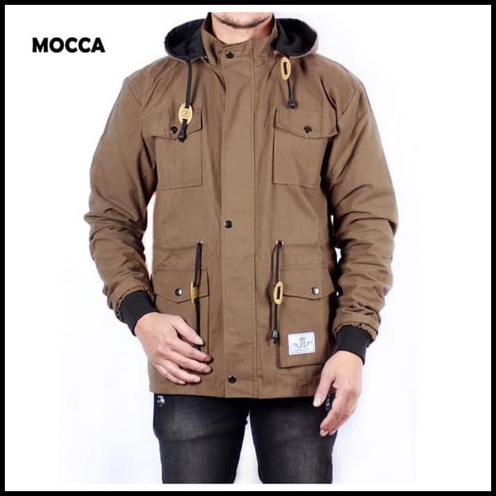 66qz jaket parka pria motor jeans hoodie jacket levis denim canvas premium - brown 39z3
