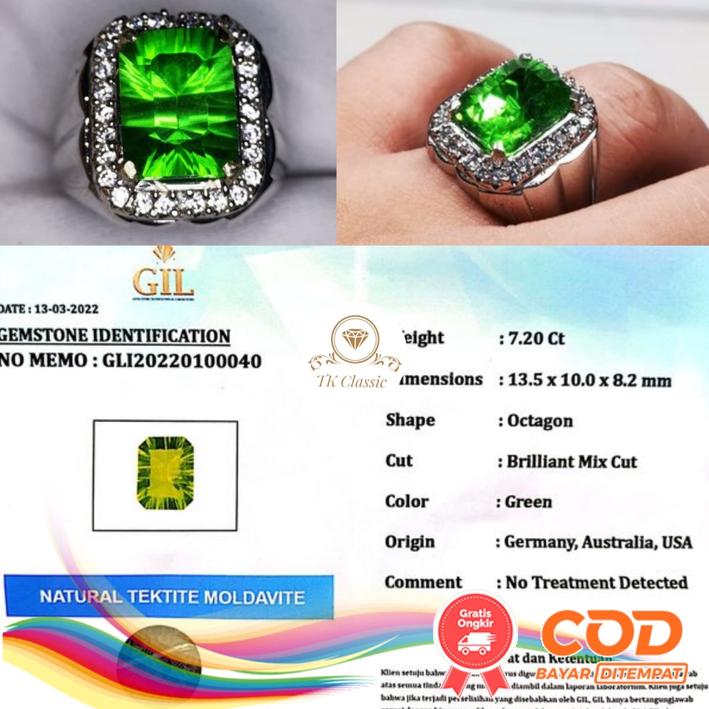 NATURAL BATU PERMATA METEOR ASLI HIJAU TEKTITE FULL LUSTER INCLUDE MEMO GIL GEMS LAB