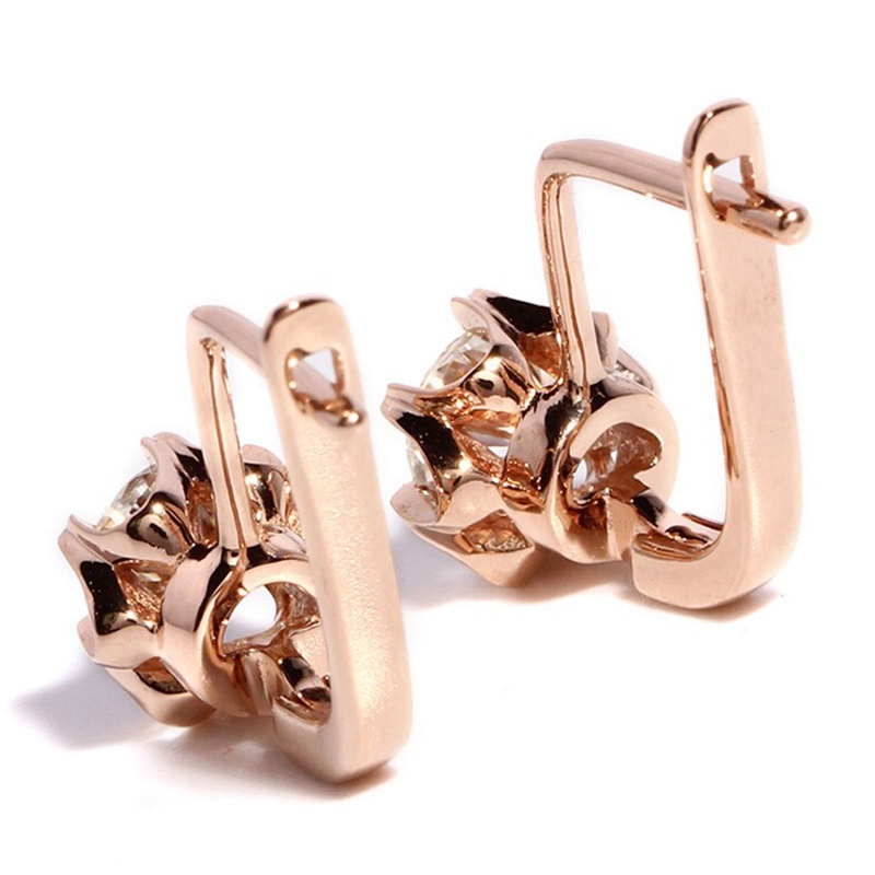 Anting Hoop Bentuk Bunga Warna Rose Gold Aksen Cubic Zirconia Untuk Wanita