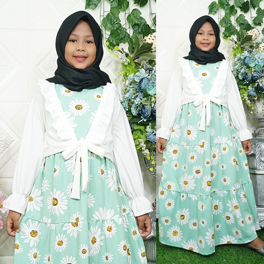 CARLINA – Gamis Anak Rompi Putih Ruffle Bunga Muslimah Kaaffah 3-13 tahun Dress Panjang Kids