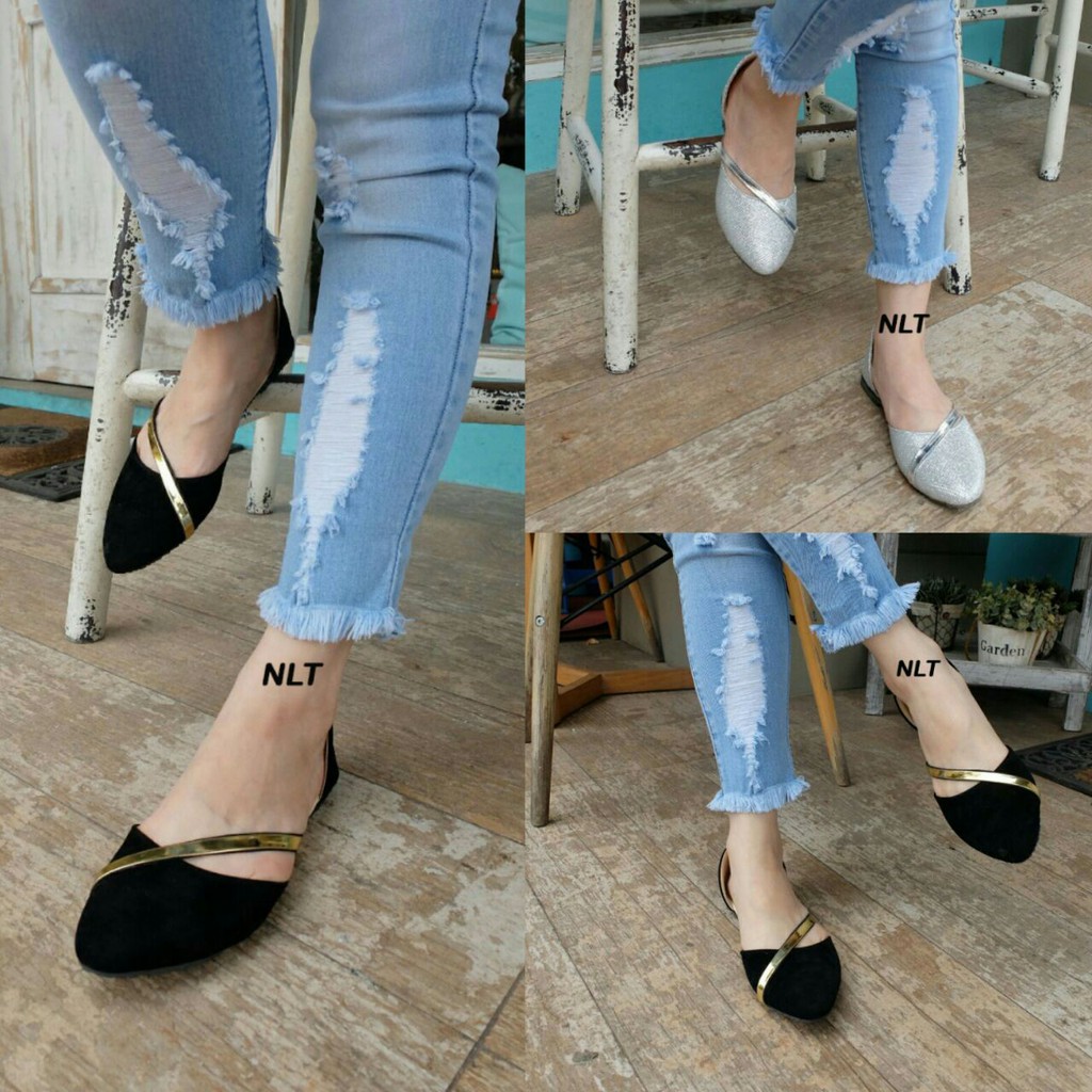 NunuLisaTan - Termurah Bayar Di tempat Flat Shoes Wanita Murah Meriah Hitam silver